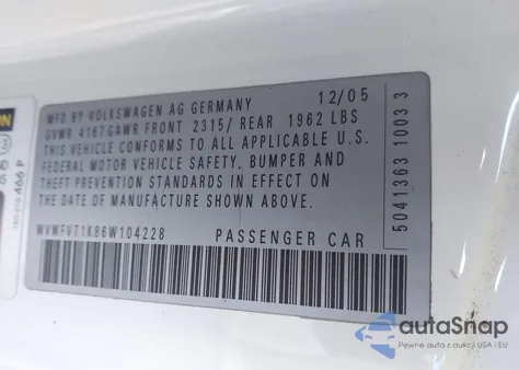 2006 Volkswagen Gti 2-Door z USA, uszkodzony, nr VIN WVWFV71K86W104228